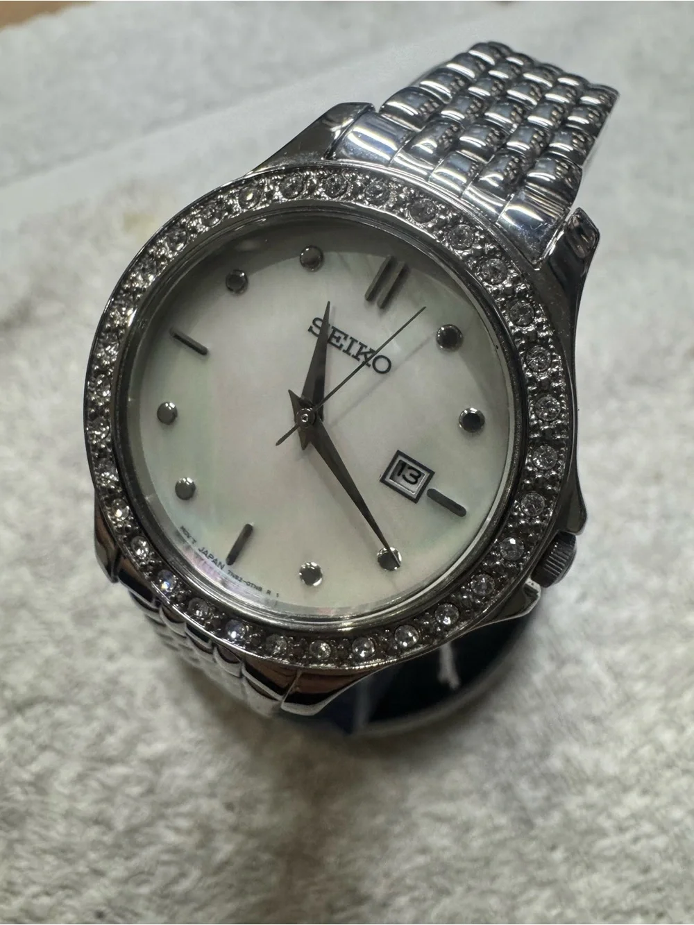 Seiko Silver and White Crystal-Trim Women's Bracelet Watch